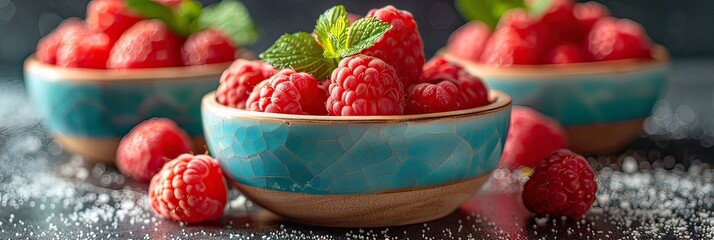 Fresh raspberries in a blue dish garnished with mint leaves