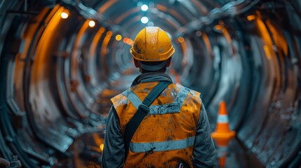 A man wearing a hard hat and safety vest engaged in tunnel construction work.