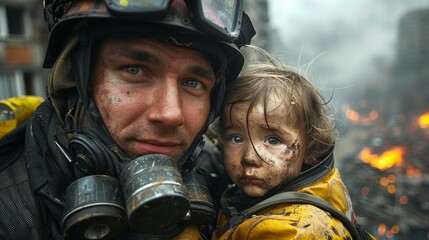 Demonstrating bravery and urgency, a firefighter heroically rescues a scared child from a burning house, emphasizing the heroic nature of the situation.