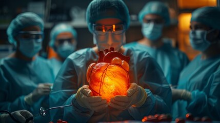 Surrounded by medical students, a seasoned surgeon optimizes a heart model, visualizing anatomy and surgical procedures in a teaching hospital.