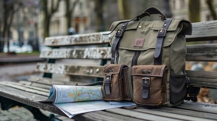 Close-up of a travel backpack on a bench, city map unfolded beside it, ready for the next journey