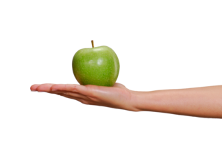 Hand holding green apple isolated on transparent layered background.