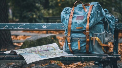 Close-up of a travel backpack on a bench, city map unfolded beside it, ready for the next journey - obrazy, fototapety, plakaty