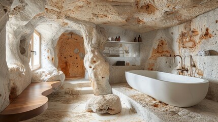 Originality abounds in a hotel bathroom featuring a cave-like interior, its rough design evoking a sense of primitive charm.