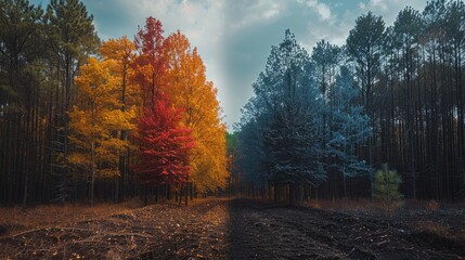 An unusual forest scene presents a distinct split, one half teeming with autumn vibrancy, the other...