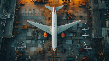 A gigantic airplane in the frame prepares for departure, its enormity emphasized by the top view at the sprawling airport.