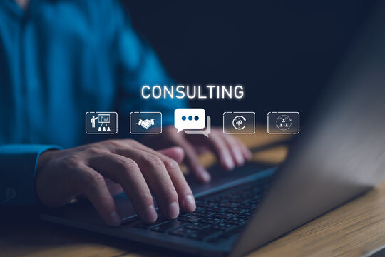 Consulting Expert Advice Support Service Business concept, Job consult strategy, governance, knowledge, search talents. Businessman showing consulting icon virtual screen.