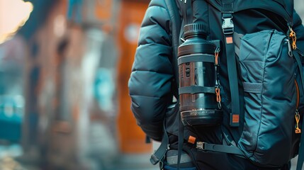 Close-up on a well-equipped travel backpack, highlighting its capacity and readiness for exploration - obrazy, fototapety, plakaty