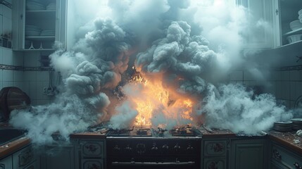 An empty kitchen is engulfed in smoke and flames, untamed fire dancing atop the unattended stove, painting a picture of hazardous neglect.