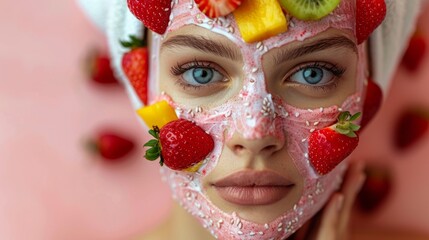 A young woman indulges her skin with a therapeutic mask made from fresh fruits and cream, embodying an organic approach to beauty.