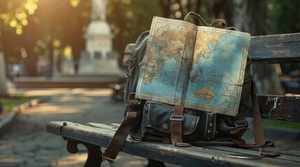 Detail of a well-worn travel backpack and open city map resting on a rustic wooden bench - obrazy, fototapety, plakaty