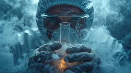 A man, alone in the laboratory, carefully pours one chemical into another, observing the reaction closely.