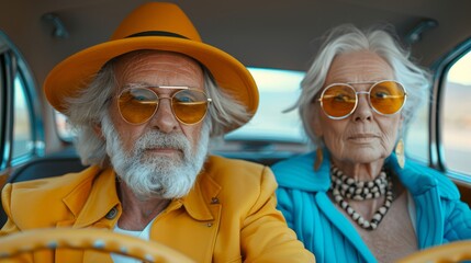 Dressed in modern, stylish clothing, an elderly couple radiates love from the comfort of their car's