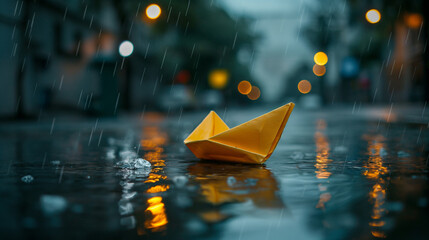 Paper boat in a puddle on rainy city street