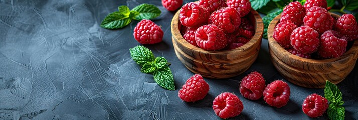 Fresh raspberries in wooden bowls with mint leaves on a black background