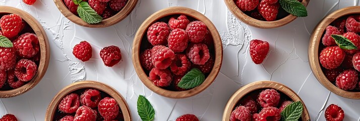 wooden box with delicious ripe raspberries collected in the garden - obrazy, fototapety, plakaty