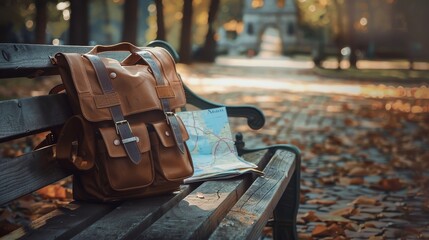 Inviting scene of a bench with a backpack and open city map, symbolizing the spirit of travel - obrazy, fototapety, plakaty