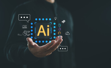 Ai tech, businessman show virtual graphic Global Internet connect Chat with AI, Artificial...