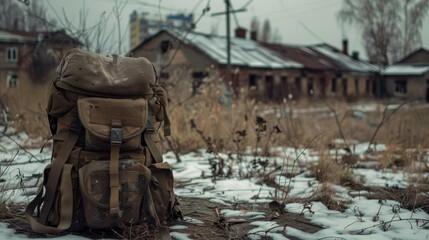 Military hunting bag equipped for survival, juxtaposed with the desolation of an abandoned town