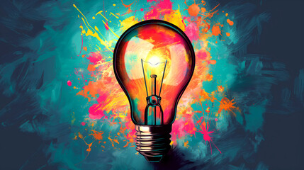 Concept of creative idea. Illustration of glowing light bulb on abstract colorful background - obrazy, fototapety, plakaty