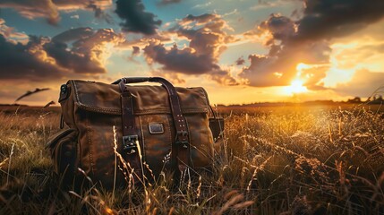 Military hunting bag on the verge of a journey, poised against a golden sunset that hints at the riches ahead - obrazy, fototapety, plakaty