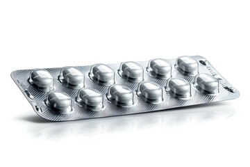 Silver aluminium foil blister pack isolated on white background. Pharmaceutical packaging industry. Pharmacy products. Antibiotic drug resistance. Pills in modern packaging to protect from light