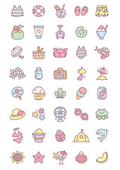 Kawaii summer vacation icon set. Collection of cute hand drawn stickers (swimsuits, flowers, cocktails, picnic basket, sunscreen, suitcase etc.) isolated on a white background. Vector 10 EPS.