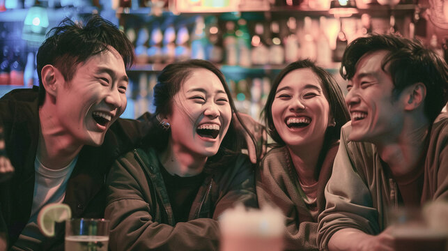 grupo de amigos asiaticos sonriendo mirado a camara al exterior en un bar --ar 16:9 Job ID: 23d12e09-54da-440c-8908-227c55249aed