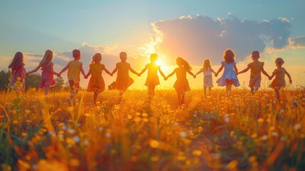 many diverse children in row holding hands and raising their hands up on green grass on field at summer sunny day - obrazy, fototapety, plakaty