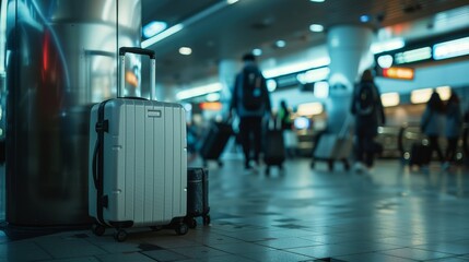 Small, compact suitcase alongside travel accessories, set against the backdrop of a busy terminal - obrazy, fototapety, plakaty