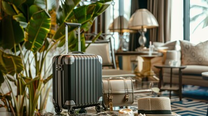 Small, light gray suitcase surrounded by travel accessories, set in a cozy room, travel beckons - obrazy, fototapety, plakaty