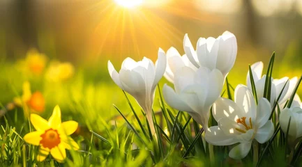 Zelfklevend behang Geel Bright spring sunshine bathes elegant white crocuses and vivid yellow daffodils emerging amidst verdant grass, symbolizing the vibrant reawakening of nature