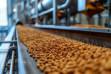 Manufacturing process where a conveyor belt transports biobased pellets through a high-efficiency drying stage, preparing them as sustainable raw materials for eco-friendly adhesive production
