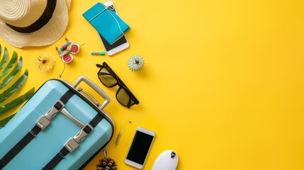 Small suitcase and travel essentials displayed on a simple, yet vibrant yellow background