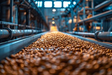 Manufacturing process where a conveyor belt transports biobased pellets through a high-efficiency drying stage, preparing them as sustainable raw materials for eco-friendly adhesive production
