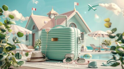 Summer travel concept with a stylish large suitcase and chic accessories by a sunny summer house - obrazy, fototapety, plakaty