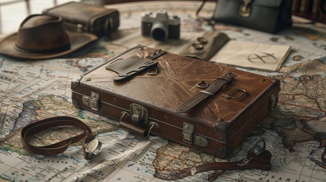 Strategic travel planning with a small, neatly packed suitcase and essential accessories on a detailed map