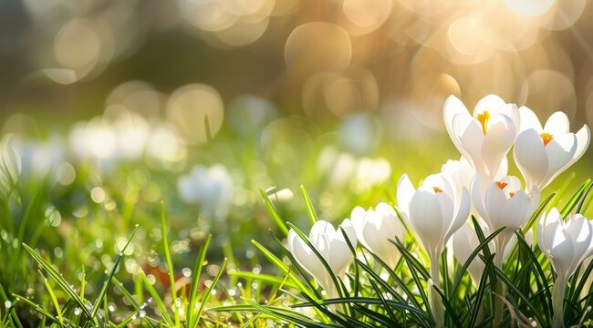 Fototapeta Bright spring sunshine bathes elegant white crocuses and vivid yellow daffodils emerging amidst verdant grass, symbolizing the vibrant reawakening of nature