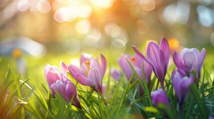 Vibrant purple tulips bloom amidst lush greenery, their petals gently kissed by the warm, golden rays of a spring sunset, heralding the season's joyous rebirth - obrazy, fototapety, plakaty