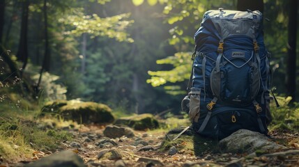 Travel backpack on forest floor, captured close-up, inviting a sense of wanderlust and exploration - obrazy, fototapety, plakaty