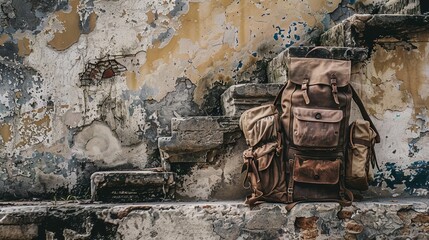 Travel backpack perched on an old, crumbling wall in an abandoned town, symbolizing the start of an unknown journey - obrazy, fototapety, plakaty