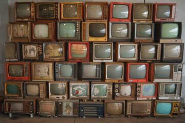 Many old televisions bundled together. A wall of old vintage tube televisions