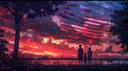 A family watches fireworks on the background of an American flag at sunset. The digital art is in the style of an illustration painting and concept art with red and purple tones