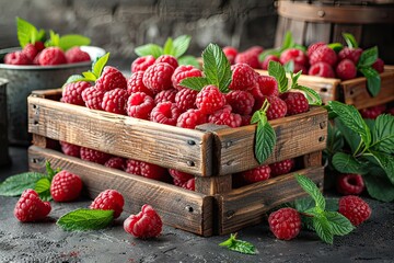 wooden box with delicious ripe raspberries collected in the garden