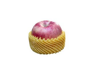 Apple fruit wrapped in yellow shockproof foam packed isolated on white background , clipping path
