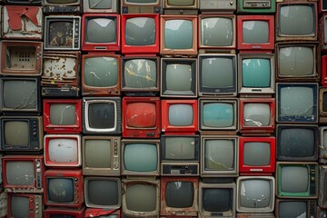 Many old televisions bundled together. A wall of old vintage tube televisions