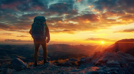 Vibrant sunset views frame a lone travel backpack, symbolizing solitude and the journey ahead at a mountain viewpoint - obrazy, fototapety, plakaty