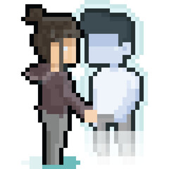 Pixel art cartoon woman with her late husband character