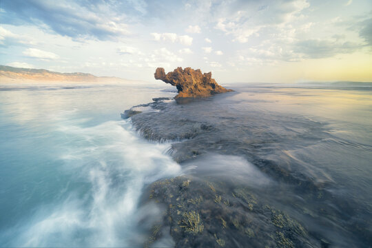 Dragon's Head rock and rocky coastline on Rye Back Beach, Mornington Peninsula, Melbourne, Victoria, Australia