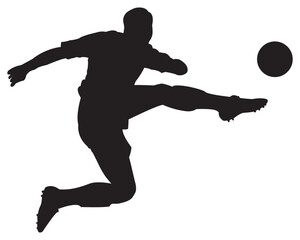 Young man soccer player kicking ball silhouette isolated on transparent background.